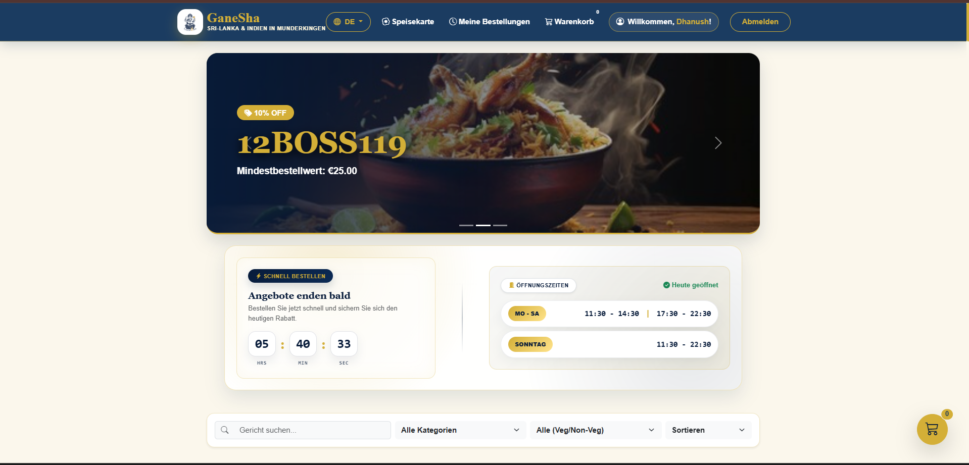 OmniServe restaurant ordering platform dashboard, live client deployment